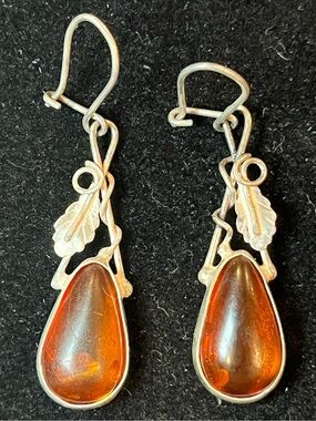 Amber Teardrop Sterling Leaf Earrings with Inclusions